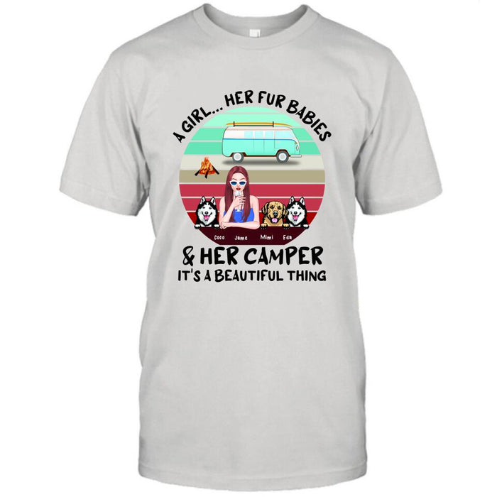 Custom Personalized Camping Shirt - Women With  Upto 3 Dogs - Best Gift For Dog Lover - A Girl Her Fur Babies Her Dogs And Her Camper It's A Beautiful Thing