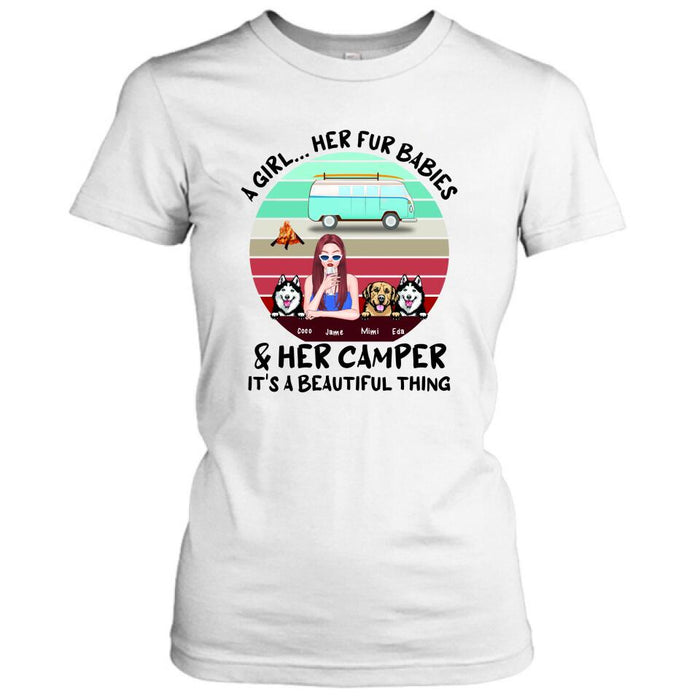 Custom Personalized Camping Shirt - Women With  Upto 3 Dogs - Best Gift For Dog Lover - A Girl Her Fur Babies Her Dogs And Her Camper It's A Beautiful Thing