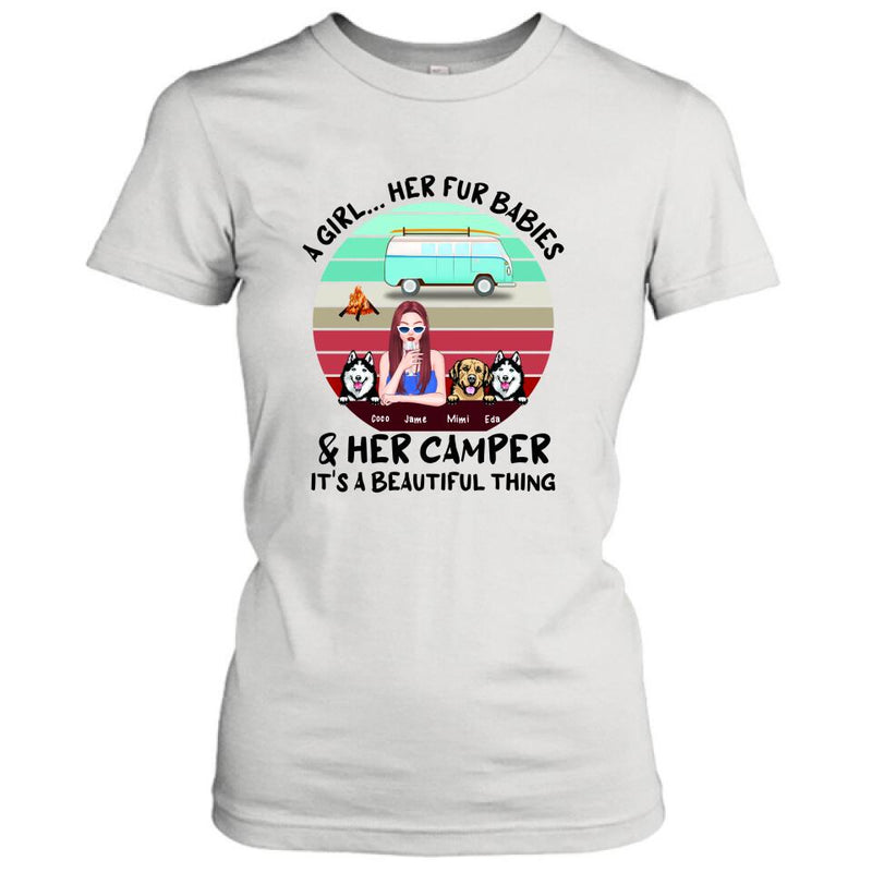 Personalized Camping Shirt - Women With  Up to 3 Dogs - Best Gift For Dog Lover - A Girl Her Fur Babies Her Dogs And Her Camper It's A Beautiful Thing