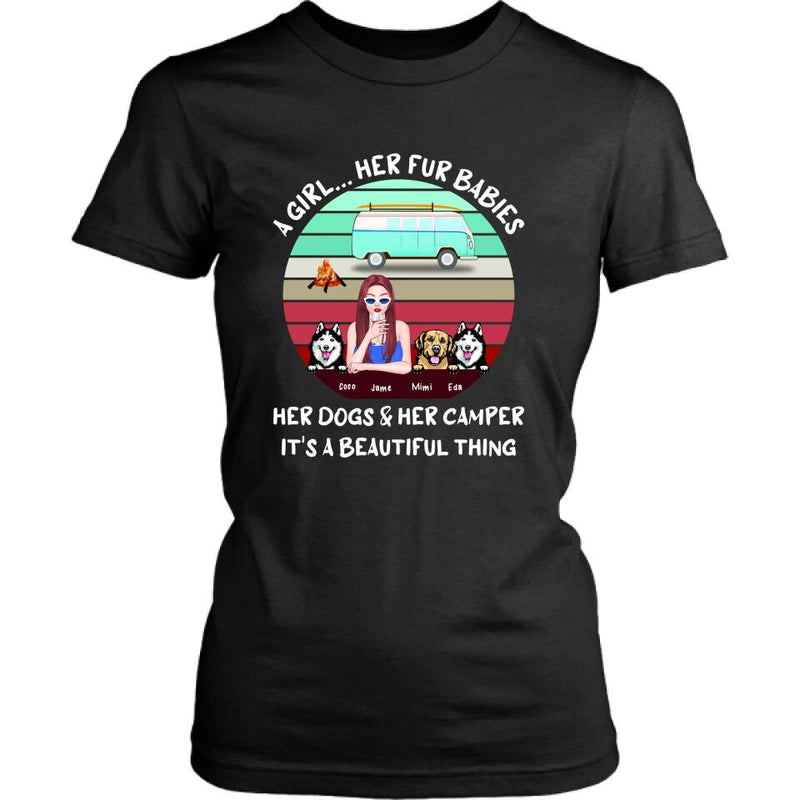 Personalized Camping Black T-Shirt - Women With Up to 3 Dogs - Best Gift For Dog Lover - A Girl Her Fur Babies Her Dogs And Her Camper It's A Beautiful Thing