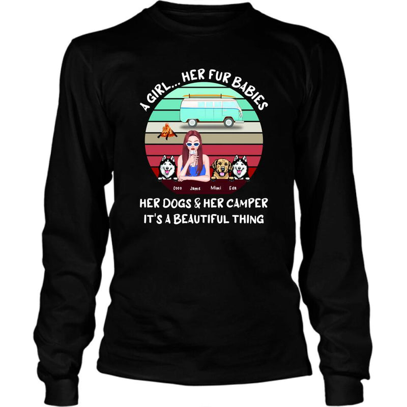 Personalized Camping Black T-Shirt - Women With Up to 3 Dogs - Best Gift For Dog Lover - A Girl Her Fur Babies Her Dogs And Her Camper It's A Beautiful Thing