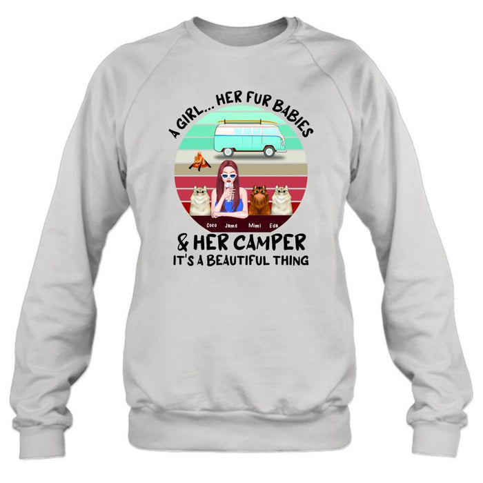 Custom Personalized Camping T-Shirt - Women With Upto 3 Cats - Best Gift For Dog Lover - A Girl Her Fur Babies Her Cats And Her Camper It's A Beautiful Thing