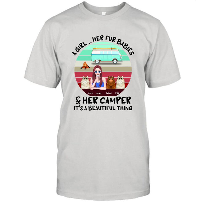 Custom Personalized Camping T-Shirt - Women With Upto 3 Cats - Best Gift For Dog Lover - A Girl Her Fur Babies Her Cats And Her Camper It's A Beautiful Thing