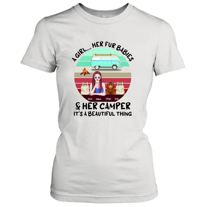 Custom Personalized Camping T-Shirt - Women With Upto 3 Cats - Best Gift For Dog Lover - A Girl Her Fur Babies Her Cats And Her Camper It's A Beautiful Thing