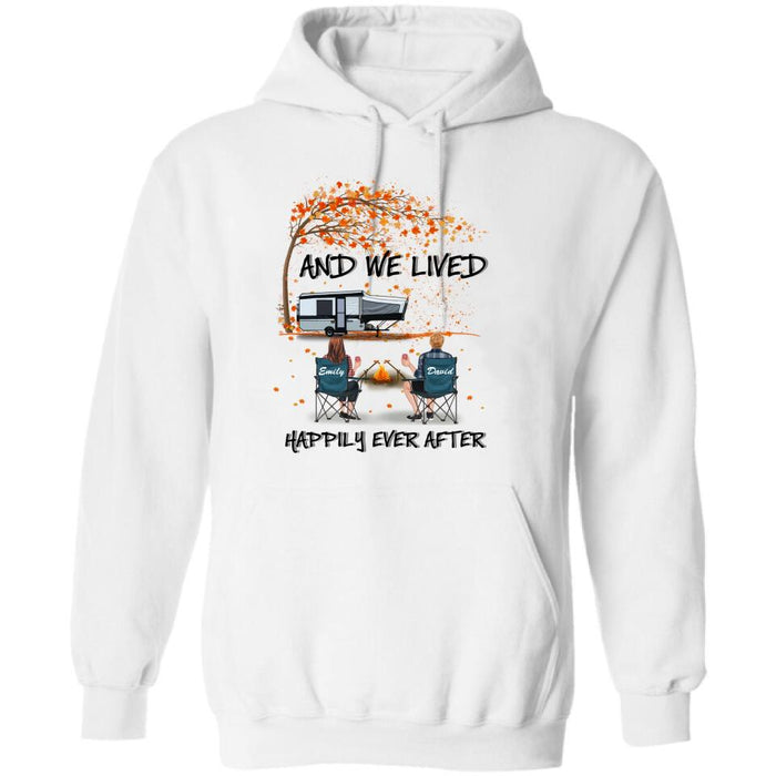 Custom Personalized Autumn Camping T-shirt/ Pullover Hoodie - Couple/ Parents With Upto 4 Kids, 4 Pets - Gift For Camping Lover - And We Lived Happily Ever After