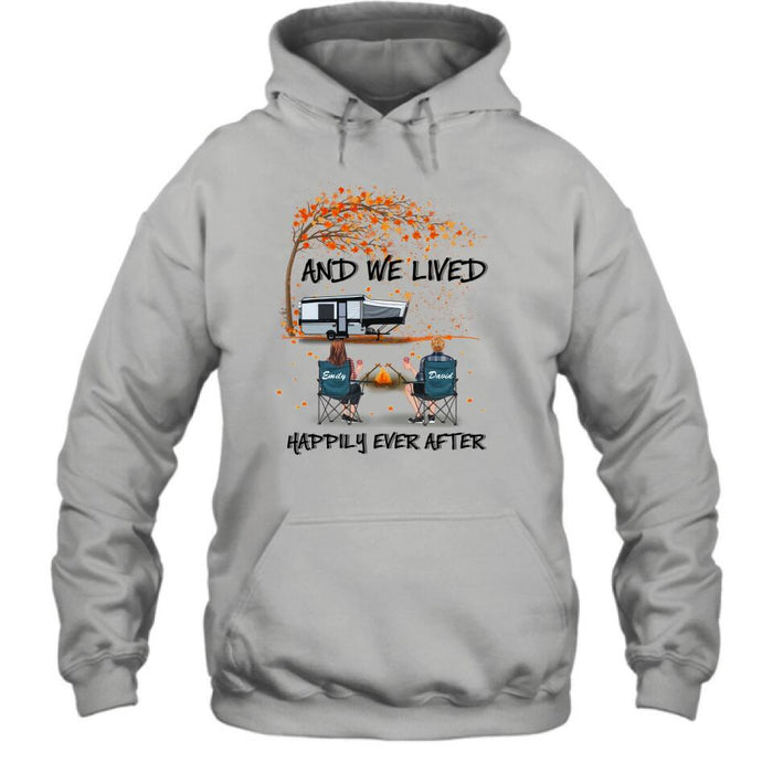 Custom Personalized Autumn Camping T-shirt/ Pullover Hoodie - Couple/ Parents With Upto 4 Kids, 4 Pets - Gift For Camping Lover - And We Lived Happily Ever After