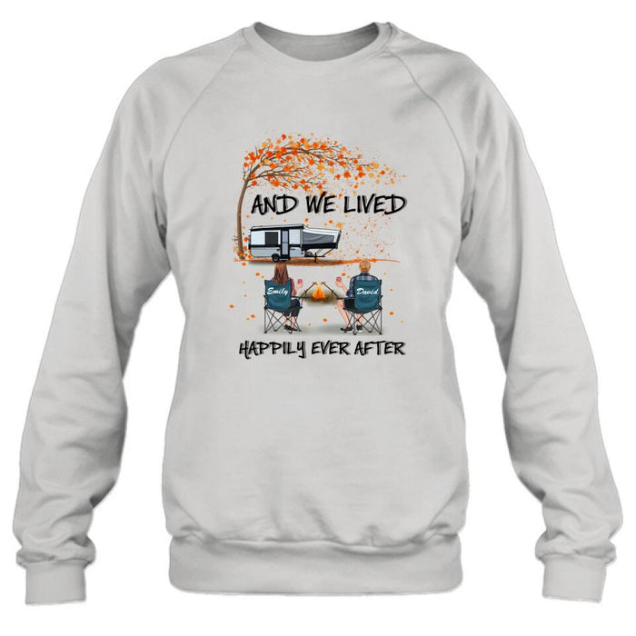 Custom Personalized Autumn Camping T-shirt/ Pullover Hoodie - Couple/ Parents With Upto 4 Kids, 4 Pets - Gift For Camping Lover - And We Lived Happily Ever After