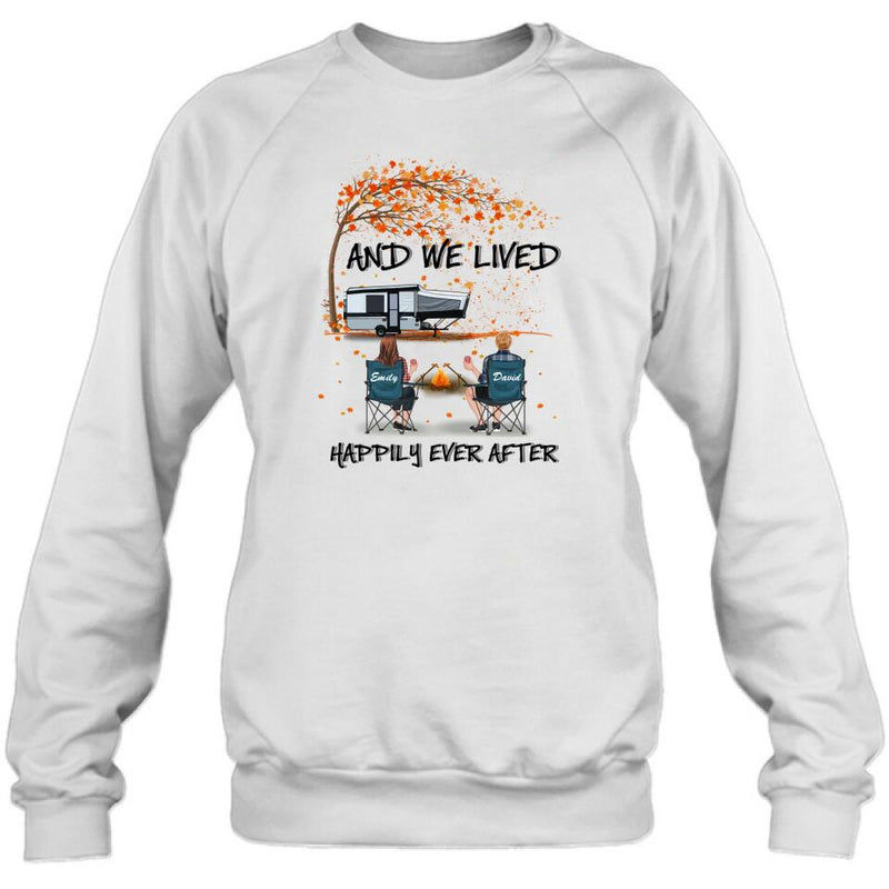 Personalized Autumn Camping T-shirt/Pullover Hoodie - Couple/Parents With Up to 4 Kids, 4 Pets - Gift For Camping Lover - And We Lived Happily Ever After