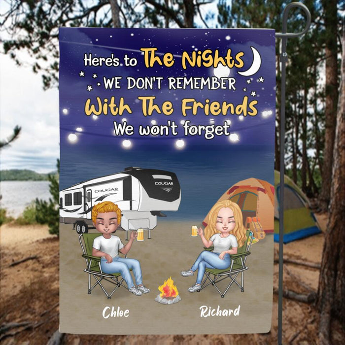 Custom Personalized Camping Friends Flag Sign - Up to 7 People - Gift Idea For Friends/ Camping Lover - Here's To The Nights We Don't Remember With The Friends We Won't Forget