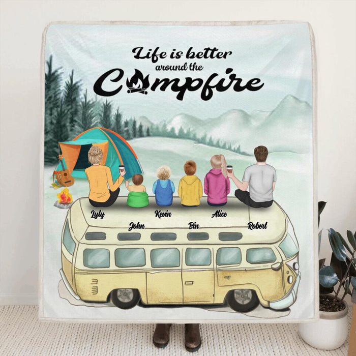 Custom Personalized Camping Blanket - Family On Camper Roof - Life is better around the campfire - JOWCU0