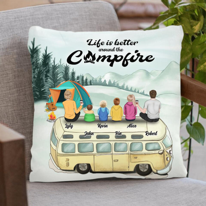 Custom Personalized Camping Pillow - Family On Camper Roof - Life Is Better Around The Campfire - JOWCU0