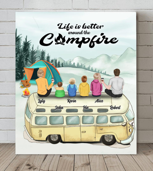 Custom Personalized Camping Canvas - Family On Camper Roof - Life Is Better Around The Campfire - JOWCU0