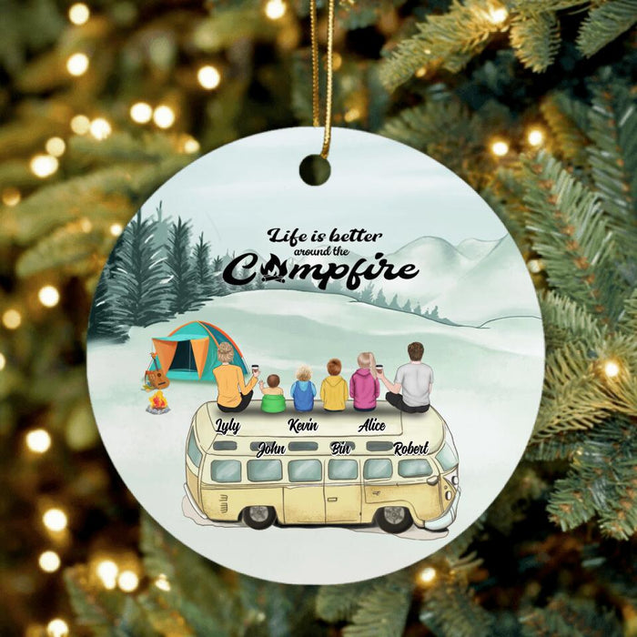 Custom Personalized Camping Ornament - Family On Camper Roof - Life Is Better Around The Campfire - JOWCU0