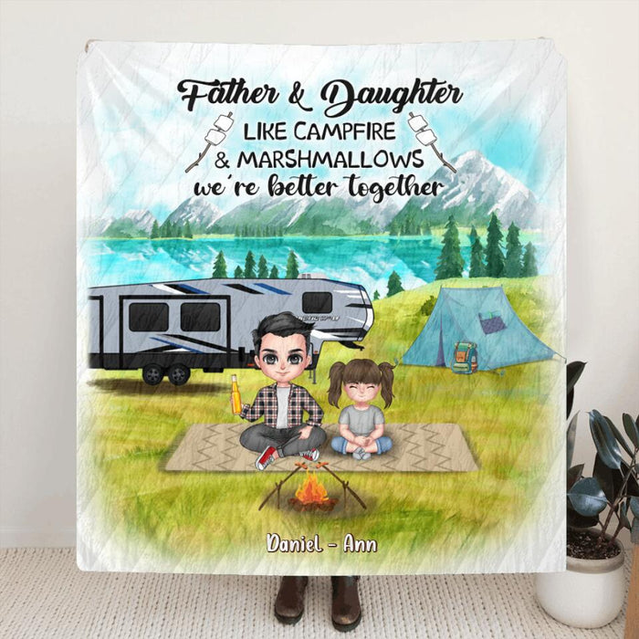 Personalized Father Daughter Camping Pillow Cover & Quilt/ Fleece Blanket - Father's Day Gift Idea For Father/ Camping Lover - Father And Daughter Like Campfire & Marshmallows