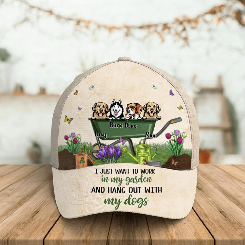 Personalized Front Pet Baseball Cap - Gift Idea For Dog Lover/Cat Lover with up to 4 Pets - I Just Want To Work In My Garden And Hang Out With My Dogs