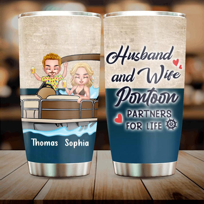 Custom Personalized Pontoon Couple/ Queen/ Captain Tumbler - Couple/ Man/ Woman - Pontoon Gift Idea - Husband And Wife Pontoon Partners For Life