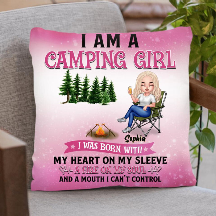 Custom Personalized Camping Queen Pillow Cover - Gift Idea For Camping Lovers/Mother's Day - I Am A Camping Girl, I Was Born With My Heart On My Sleeve