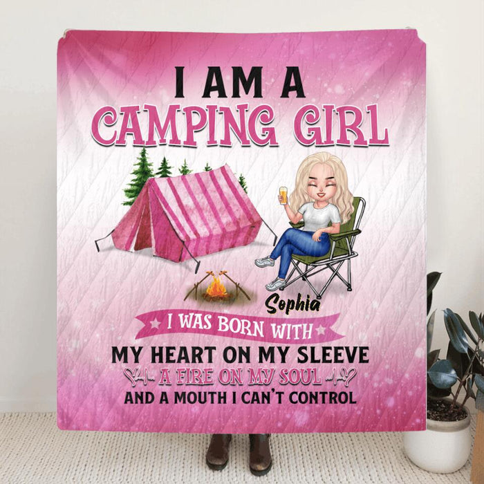 Custom Personalized Camping Queen Quilt - Gift Idea For Camping Lovers/Mother's Day - I Am A Camping Girl, I Was Born With My Heart On My Sleeve