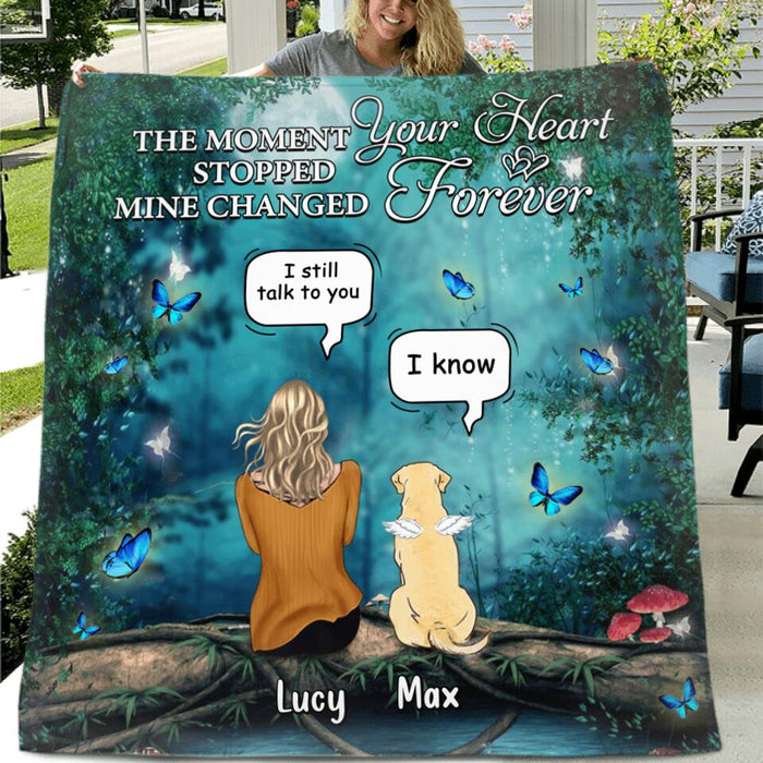 Custom Personalized Memorial Pet Quilt/ Fleece Blanket - Adult/ Couple With Upto 5 Pets - Memorial Gift Idea For Cat/ Dog Lover - The Moment Your Heart Stopped Mine Changed Forever