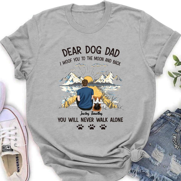 Custom Personalized Dog Dad Shirt - Upto 5 Dogs - Gift Idea for Father's Day/Dog Lover - I Woof You To The Moon And Back