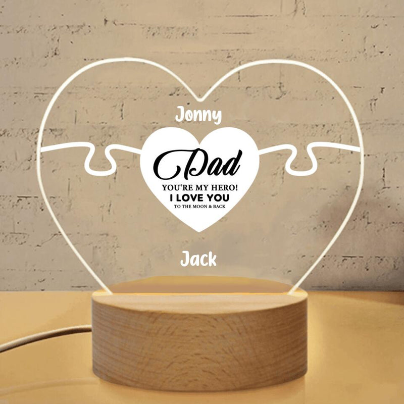 Personalized Father Heart-Shaped Acrylic Photo Panel with Light Base - Up to 7 People - Gift Idea for Father's Day - You're My Hero