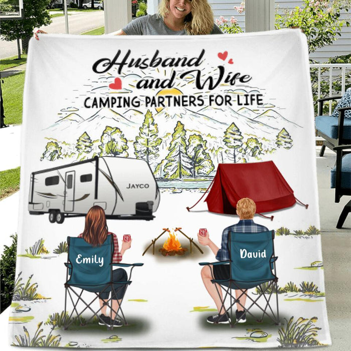 Custom Personalized Camping Quilt/Single Layer Fleece Blanket- Gift Idea For Camping Lovers/Couple With Up To 4 Dogs - Husband And Wife Camping Partners For Life