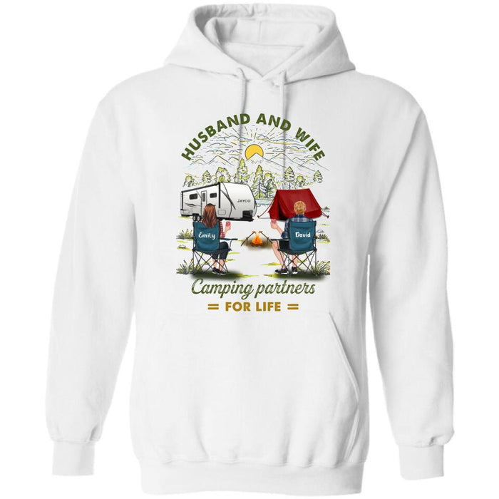 Custom Personalized Camping Shirt/Hoodie - Gift Idea For Camping Lovers/Couple With Up To 4 Dogs - Husband And Wife Camping Partners For Life