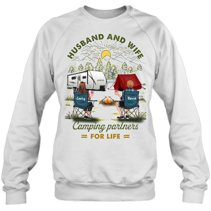 Custom Personalized Camping Shirt/Hoodie - Gift Idea For Camping Lovers/Couple With Up To 4 Dogs - Husband And Wife Camping Partners For Life