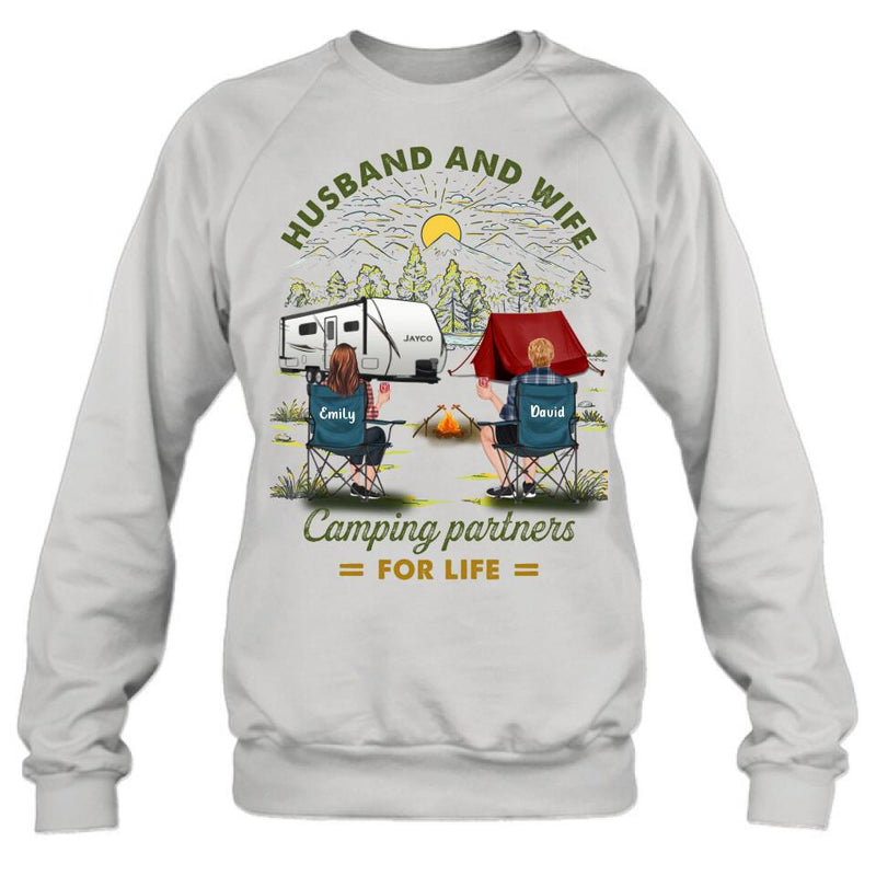Personalized Camping Shirt/Hoodie - Gift Idea For Camping Lovers/Couple With Up To 4 Dogs - Husband And Wife Camping Partners For Life