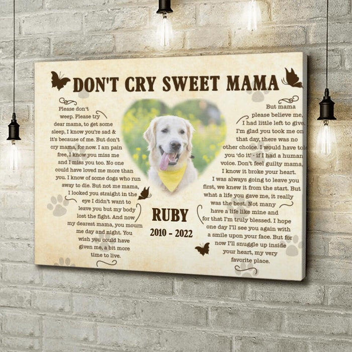 Custom Personalized Memorial Pet Custom Photo Canvas - Memorial Gift Idea For Pet Mom - Don't Cry Sweet Mama