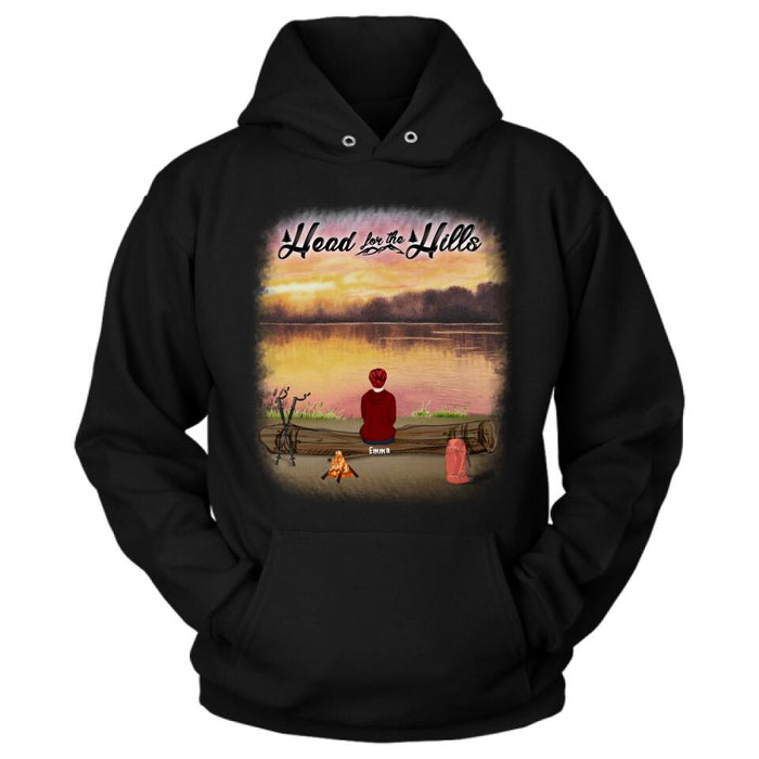 Custom Personalized Hiking T-Shirt/ Pullover Hoodie  - Man/ Woman/ Couple/ Parents With Upto 6 Pets And 4 Kids - Gift For Hiking Lover - Head For The Hills