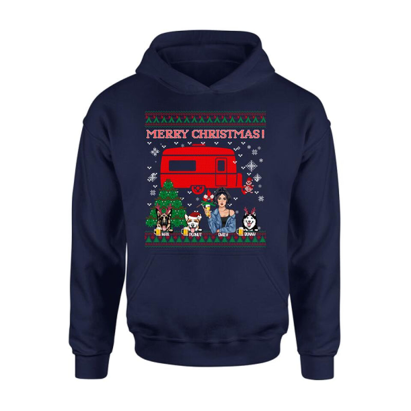 Personalized Dog Mom Camping Sweatshirt - Up to 3 Dogs - Merry Christmas