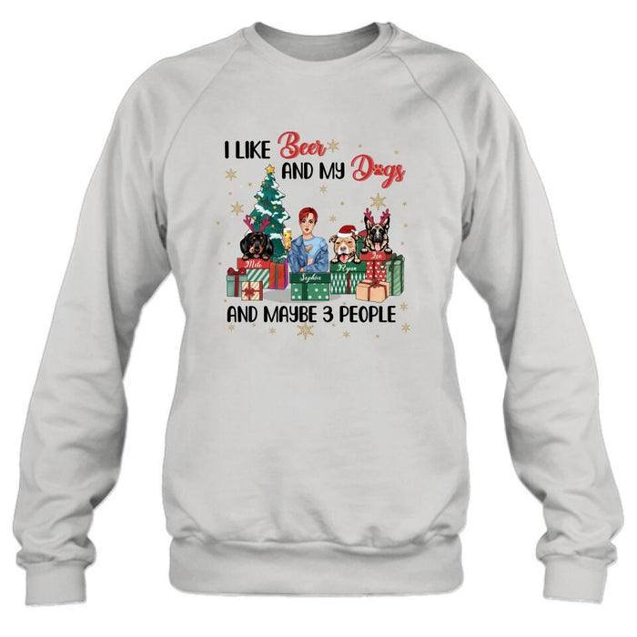 Custom Personalized Christmas Dog Shirt - Upto 3 Dogs - Best Gift For Dog Lover - I Like Beer And My Dogs And Maybe 3 People