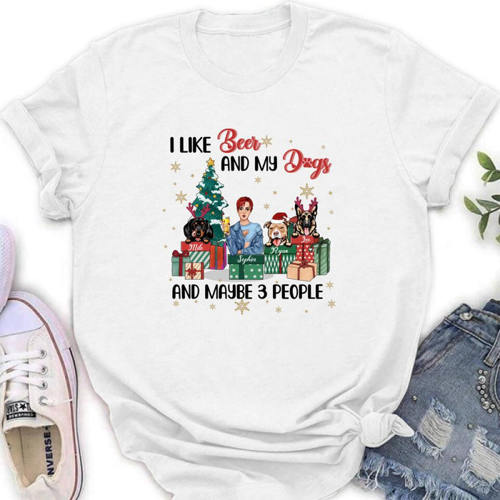 Custom Personalized Christmas Dog Shirt - Upto 3 Dogs - Best Gift For Dog Lover - I Like Beer And My Dogs And Maybe 3 People