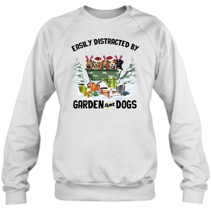 Custom Personalized Xmas Dog Garden Shirt - Upto 5 Dogs - Best Gift For Dog Lover - Easily Distracted By Garden And Dogs