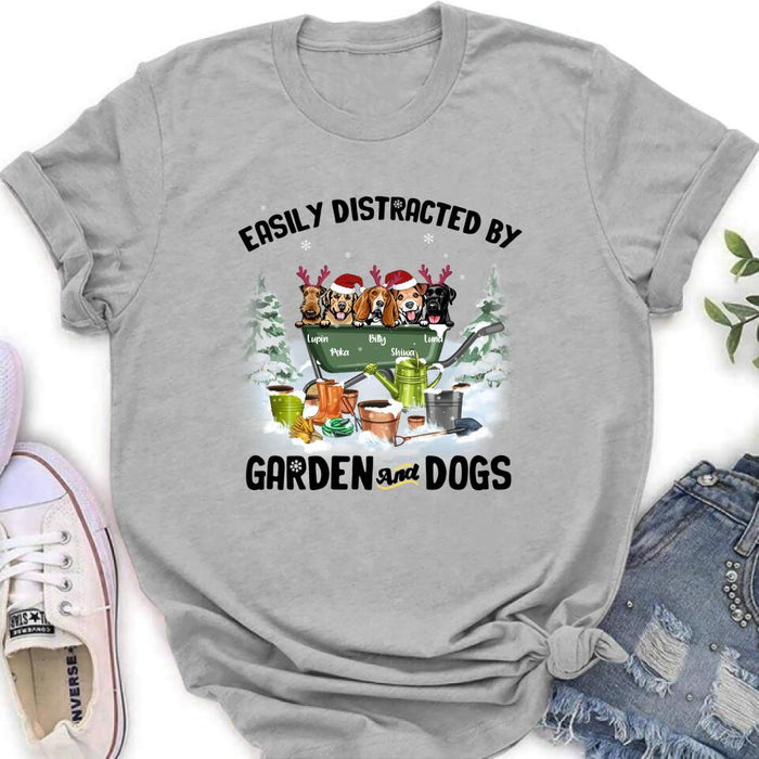 Custom Personalized Xmas Dog Garden Shirt - Upto 5 Dogs - Best Gift For Dog Lover - Easily Distracted By Garden And Dogs