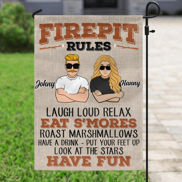 Custom Personalized Couple Flag Sign - Gift Idea For Couple - Firepit Rules, Laugh Loud Relax