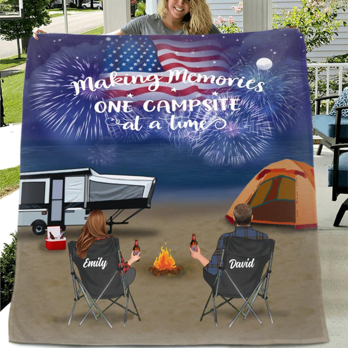 Custom Personalized Beach Night Camping Family Quilt/ Fleece Blanket - Adult/ Couple/ Parents With Upto 3 Kids And 4 Pets - Independence Day Gift Idea For Family/ Camping Lover - Happy 4th Of July