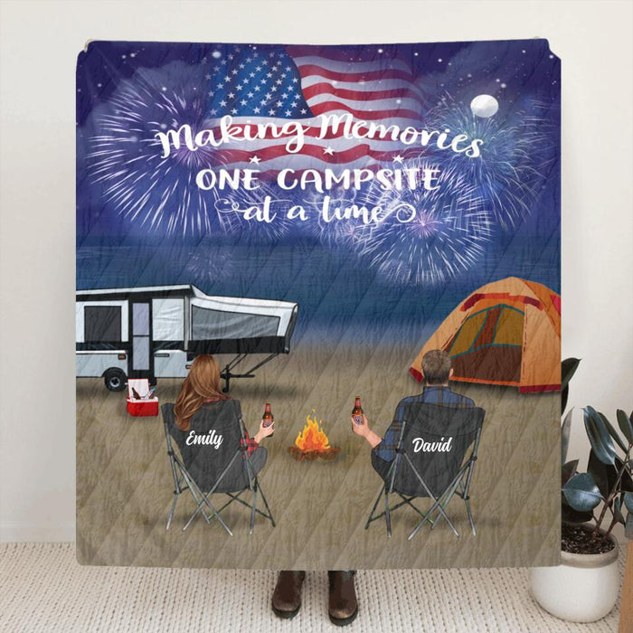 Custom Personalized Beach Night Camping Family Quilt/ Fleece Blanket - Adult/ Couple/ Parents With Upto 3 Kids And 4 Pets - Independence Day Gift Idea For Family/ Camping Lover - Happy 4th Of July