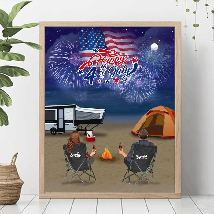 Custom Personalized Beach Night Camping Family Poster - Adult/ Couple/ Parents With Upto 3 Kids And 4 Pets - Independence Day Gift Idea For Family/ Camping Lover - Happy 4th Of July