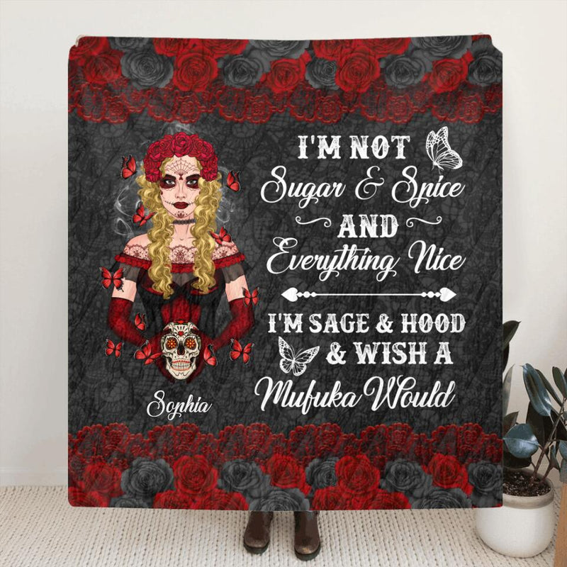 Personalized Sugar Skull Fleece Blanket/Quilt - Skull Gift For Girl - I'm Not Sugar & Spice