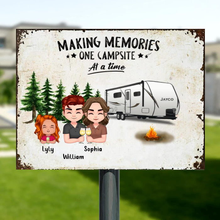 Custom Personalized Chibi Family Camping Metal Sign - Gift Idea For Family - Parents With Up To 4 Kids And 2 Dogs - Making Memories One Campsite At A Time