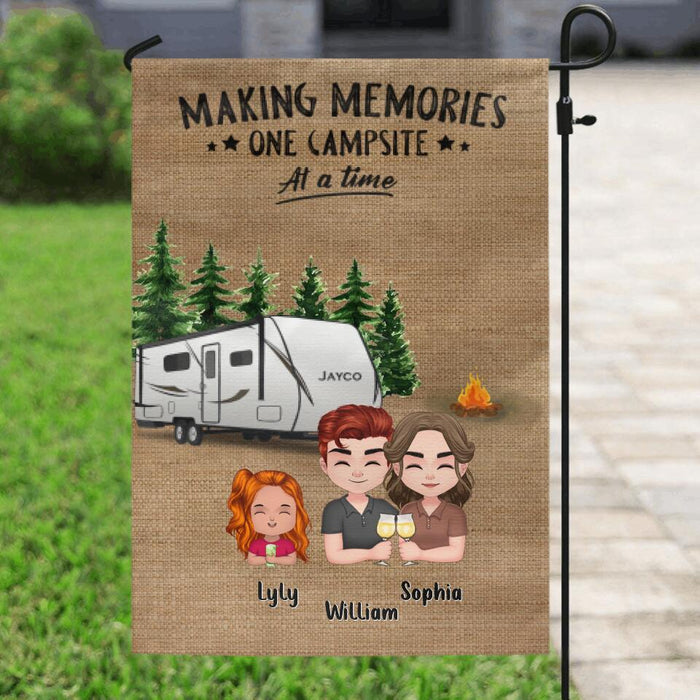 Custom Personalized Chibi Family Camping Flag Sign - Gift Idea For Family - Parents With Up To 4 Kids And 2 Dogs - Making Memories One Campsite At A Time