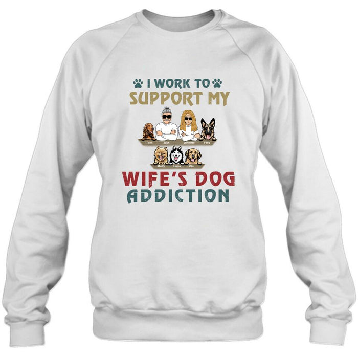 Custom Personalized Couple Dog Shirt - Upto 5 Dogs - Gift For Dog Lovers/Couple - I Work To Support My Wife's Dog Addiction