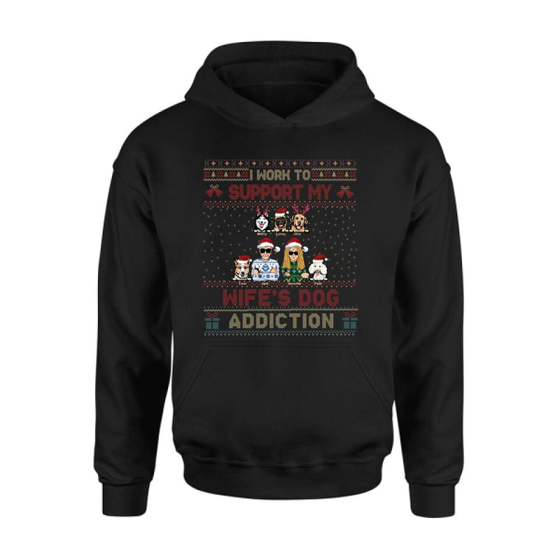 Personalized Xmas Couple Dog Shirt - Up to 5 Dogs - Gift For Dog Lovers/Couple - I Work To Support My Wife's Dog Addiction