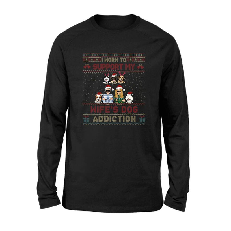 Personalized Xmas Couple Dog Shirt - Up to 5 Dogs - Gift For Dog Lovers/Couple - I Work To Support My Wife's Dog Addiction