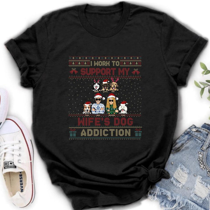 Custom Personalized Xmas Couple Dog Shirt - Upto 5 Dogs - Gift For Dog Lovers/Couple - I Work To Support My Wife's Dog Addiction