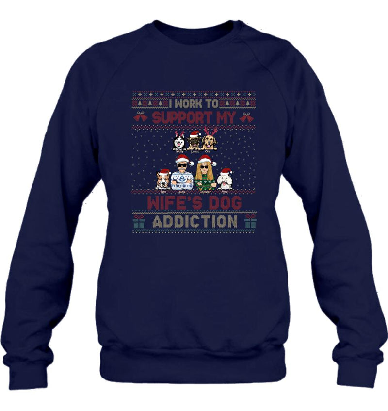 Personalized Xmas Couple Dog Shirt - Up to 5 Dogs - Gift For Dog Lovers/Couple - I Work To Support My Wife's Dog Addiction