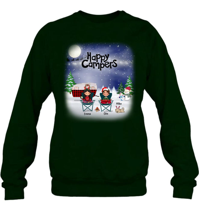 Custom Personalized Couple Camping Xmas T-Shirt/ Sweatshirt/ Hoodie - Couple With Upto 4 Pets - Christmas Gift For Cat/ Dog Lover