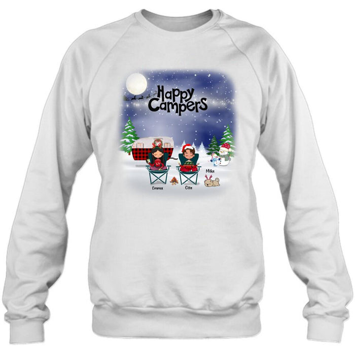 Custom Personalized Couple Camping Xmas T-Shirt/ Sweatshirt/ Hoodie - Couple With Upto 4 Pets - Christmas Gift For Cat/ Dog Lover